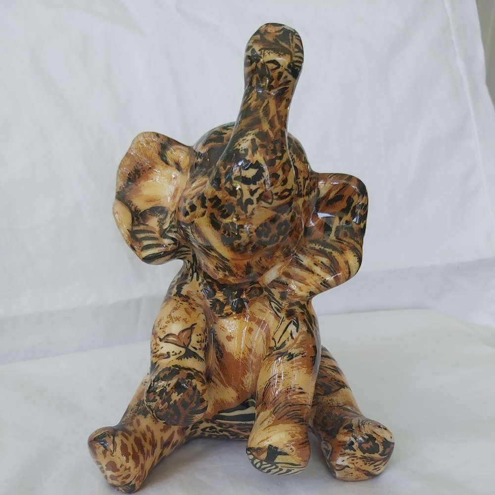 LaVie Safari Patchwork Sitting Elephant Figurine Glazed Raised Trunk Good Luck